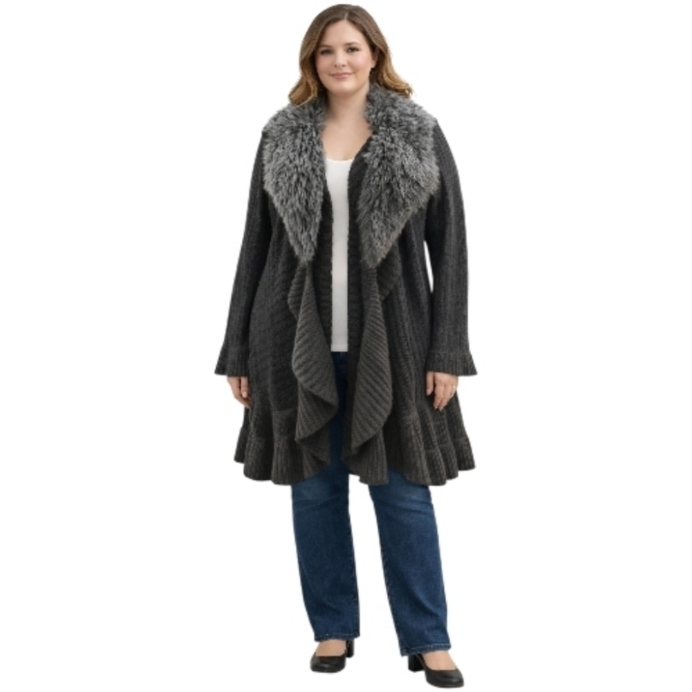 Dressbarn Black Faux Fur open cardigan sweater 18 20 waterfall black grey